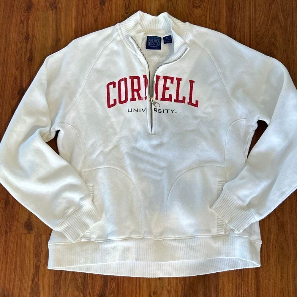 Cornell university blue route white sweatshirt with red logo size XL half zip mo